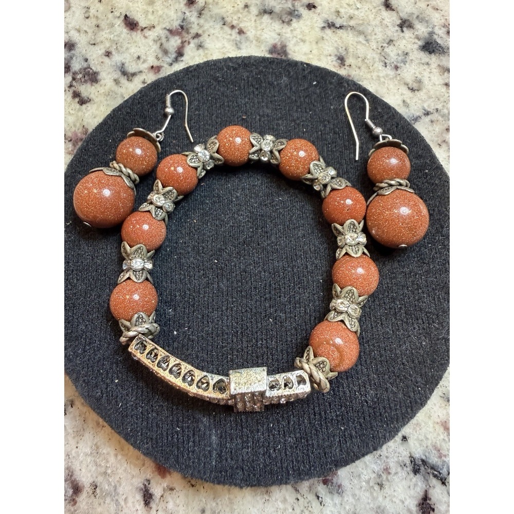 Beaded Bracelet‎ Earrings Set Cross Rhinestone Goldstone Beads